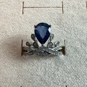 <PingEast Jewelry>LANBS407----Teardrop-Shaped 5×7mm Natural Sri Lankan Blue Sapphire Ring – Chaumet-Inspired Design in 925 Sterling Silver