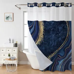 No Hook Shower Curtain with Snap in Liner Marble Texture  Double Layer Waterproof Inner Liner White Cloth 72x75 Inch Machine Washable Easy Care