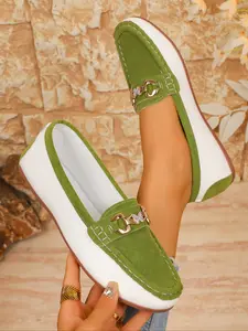 Women's Casual Round Toe Loafers, Summer Flat Shoes with Chain Design, British Style Slip-On Leather Sneakers for Women