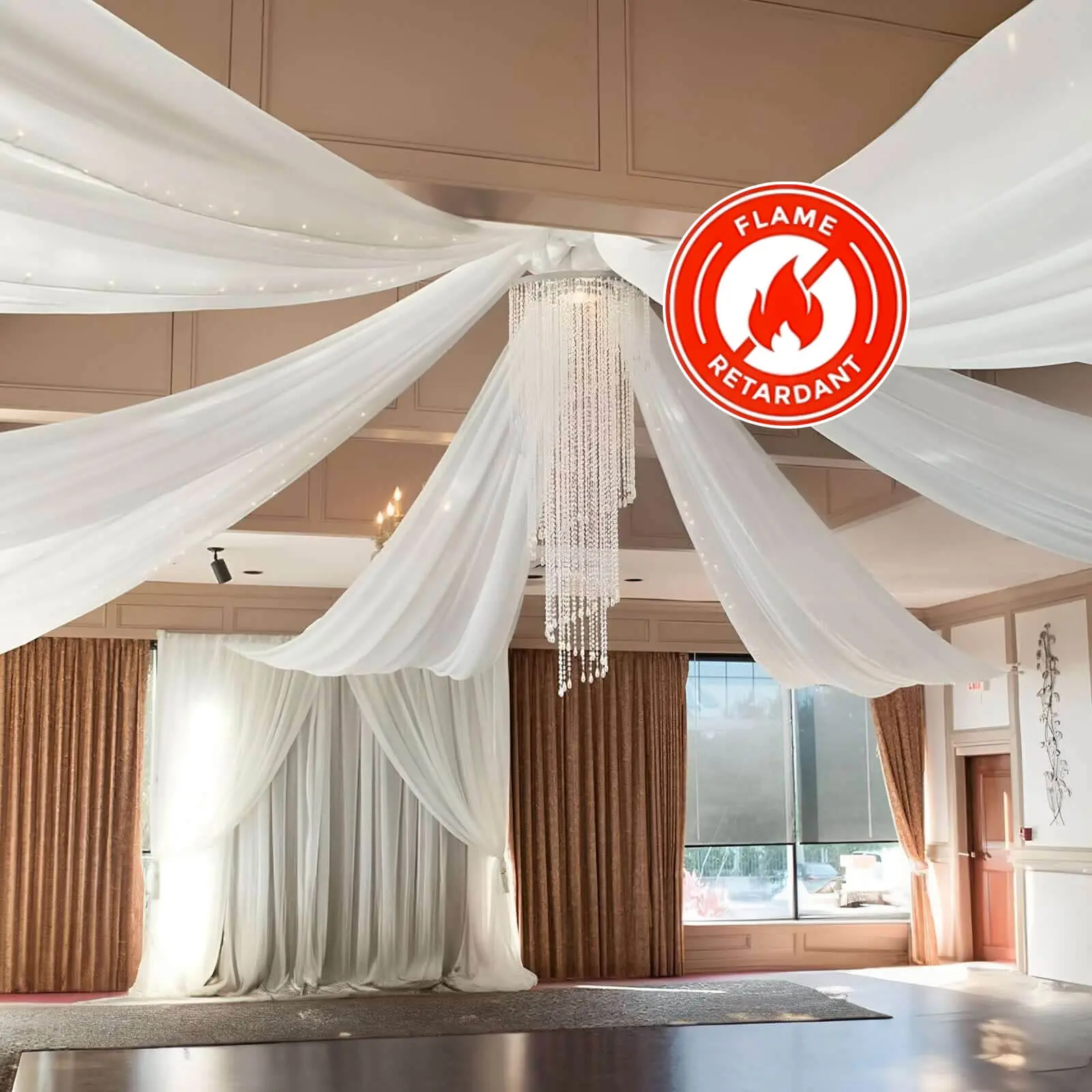 10ftx40ft Ivory Sheer Ceiling Drape Curtain Multiple Panels, Durable Flame-Resistant Fabric for Photography, Banquet Halls, Corporate Events