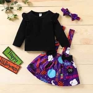 Toddler Girl Halloween Outfit Long Sleeves Solid Shirt + Suspender Pumpkin Ghost Skirt 6M 12M 18M 2T 3T Kids Girls Holiday Set