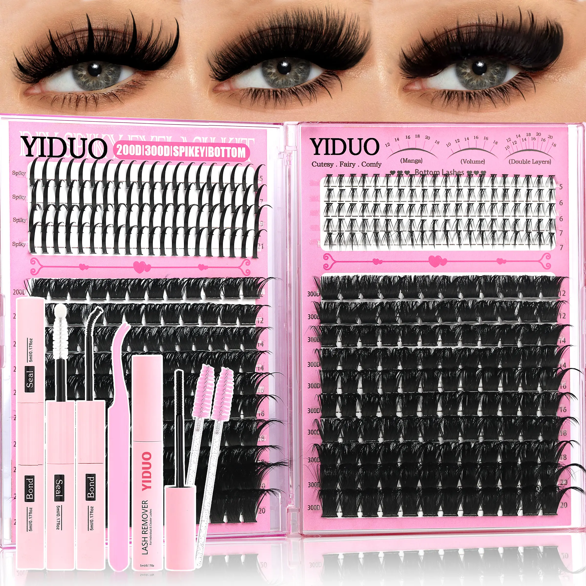 4 Styles Eyelash Cluster Kit Bottom/Spiky/200D/300D Volume Lash Clusters Kit 5-20mm 420Pcs Volume D-Curly Eyelash Glue Extension Eyelash Extensions Kit with Lash Bond and Seal Tweezers Remover Diy Lash Tools DIY at Home Easily