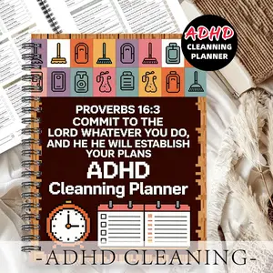 1pc ADHD Cleaning Planner Themed Subject Notebook, Multi-section Scripture Style - for Housewives, Multi-section Cleaning Tools, Clock and Calendar Patterns. Plan Cleaning Schedules and Seek Guidance. Schedule Planning Notebook. 5.5x8.3 Inch Notebook