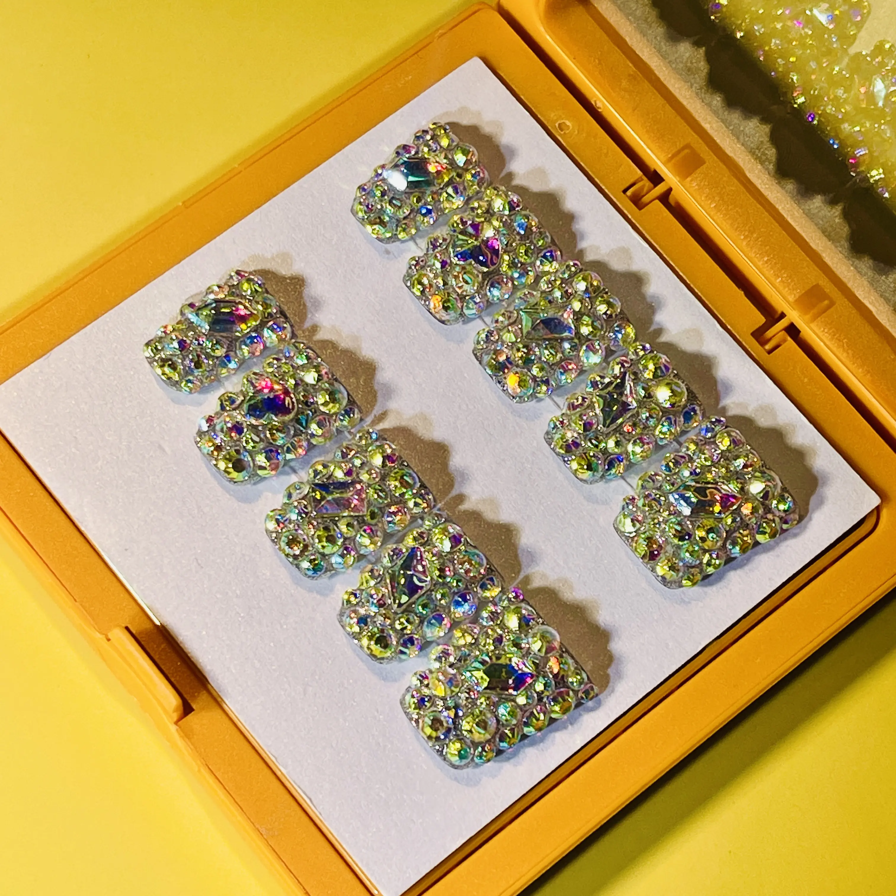 DiDazzle 10 PCS Handmade Duckbill Press - on Nails | HoloGlamRhinestones with Acrylic Iridescent Rhinestones & Crystal Cluster Details