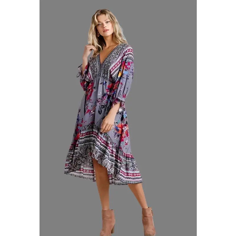 Umgee Mixed Print Hi Lo Midi Dress - Grey Combo