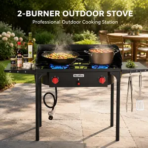 BESTFIRE 150000 BTU 2-Burner Propane gas Stove with Windpanel, Auto Ignition, Removable Legs & Side Shelves, Bag – for Camping, BBQ, Home Brew, Turkey Fry outdoor barbecue