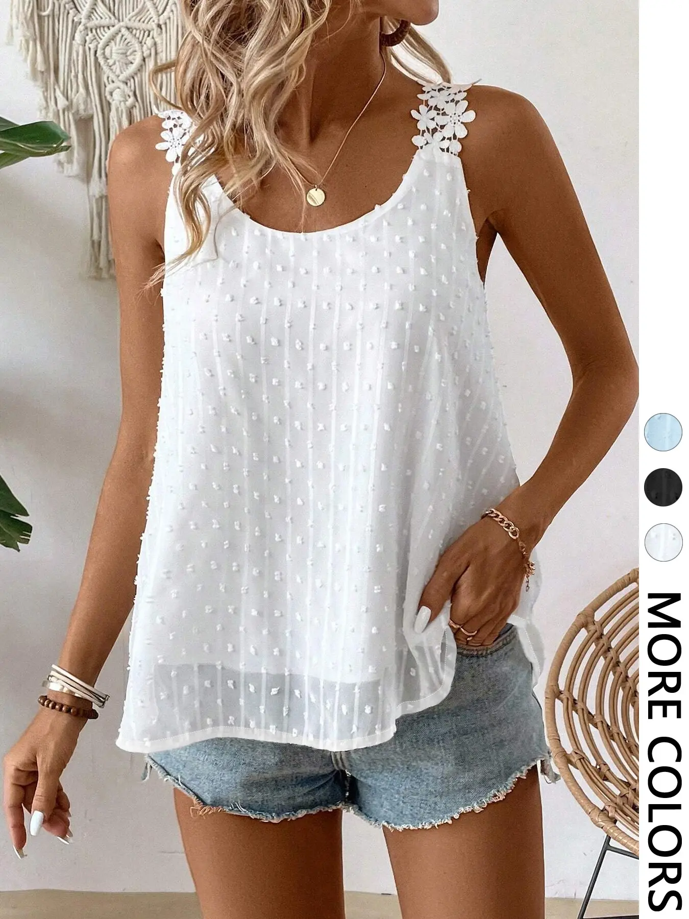 Women's White Lace Strap Top for Spring and Summer, 1 Count Swiss Dot Textured Sleeveless Loose Tank Top, Casual Sleeveless Cami, Boho Bohemian Coquette Style for Vacation, Beach and Casual Daily Wear, Womenswear