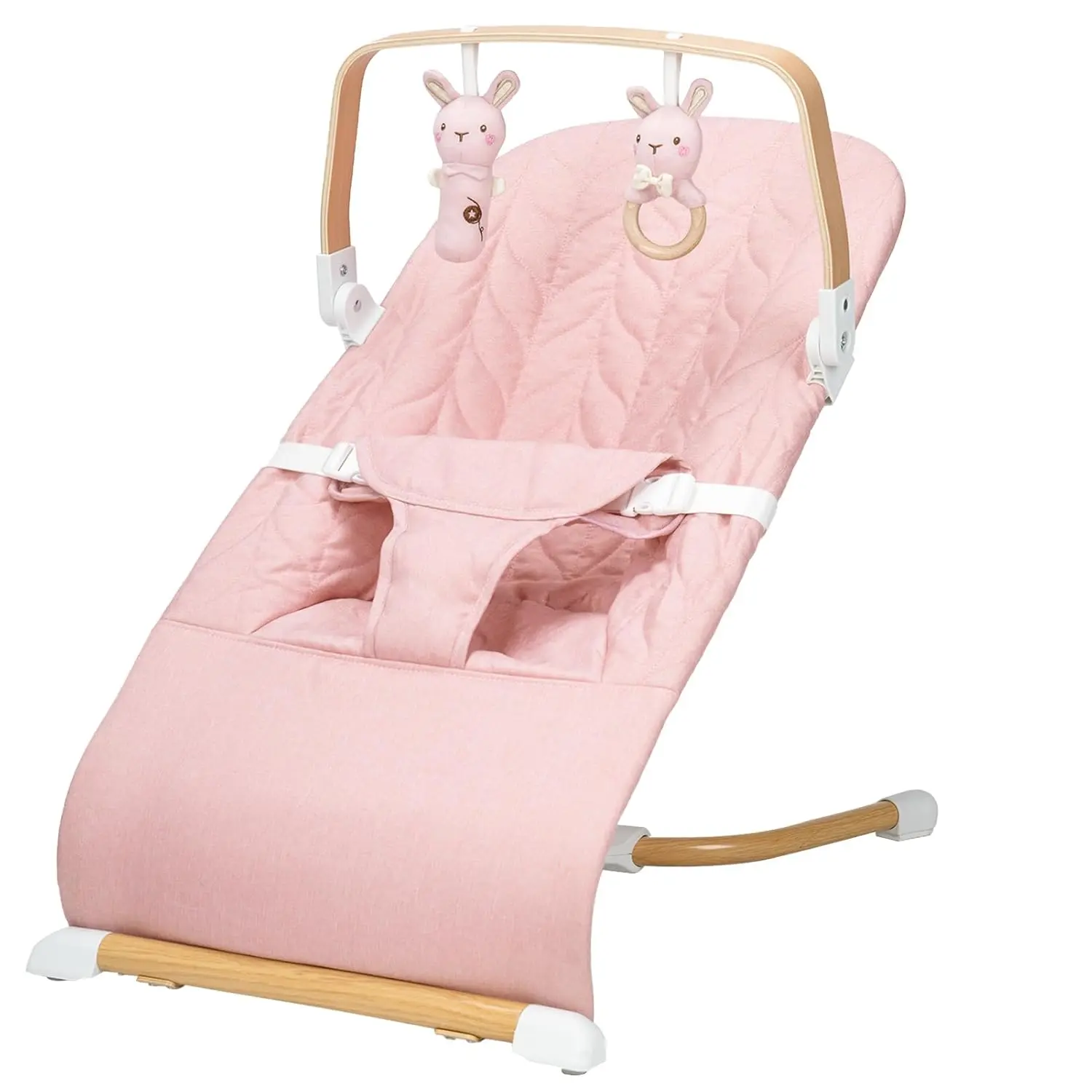 Portable Baby Bouncer, Bouncer Seat for Babies 0-12 Months, 3 Recline Positions, Foldable Baby Rocker Chair with Removable Wooden Bar