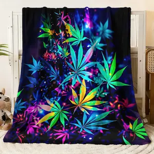 Neon Psychedelic Cannabis Leaf Print Flannel Blanket - Soft Warm Plush Throw for Bedroom & Sofa, Colorful Vibrant Weed Leaf Pattern Blanket, Cozy Fleece Blanket for All Seasons, Unique Home Decor
