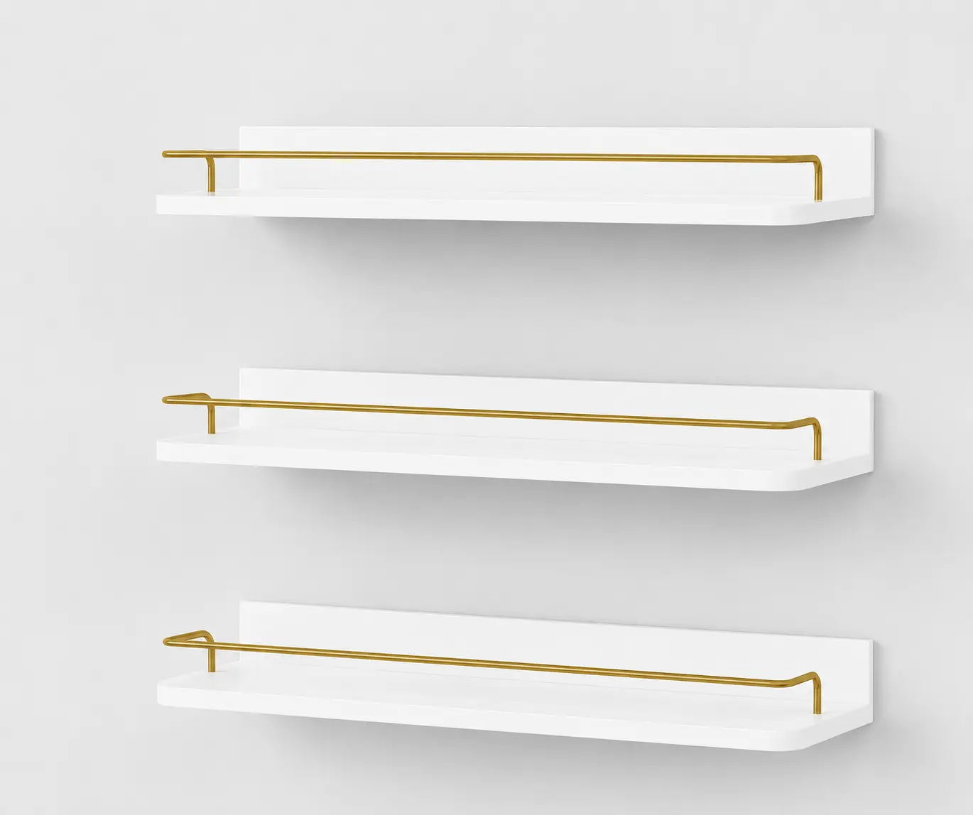 Set of 3, Gold Floating Shelves for Wall Decor, Modern Display Wall Shelf with Guard Rail White and Gold