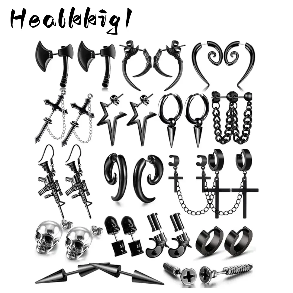 16 Pairs Stainless Steel Punk Y2K Black Dangle Earrings for Men huggie gauges women pretty studs screw thick titanium fashionable lightweight cartilage back obsessed jewelry shiny