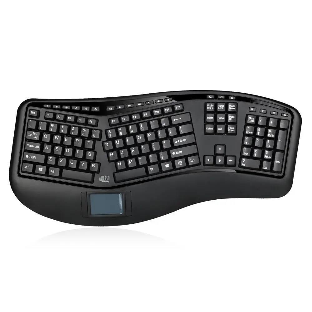 Adesso WKB-4500UB RF 2.4GHz Wireless Ergonomic Keyboard with Split Keys, Integrated Pad
