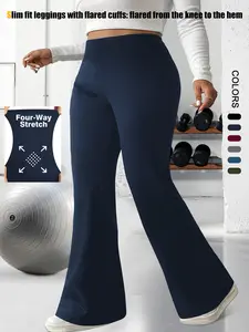 Plus Size Solid High Waist Flare Leg Leggings, High Waisted Leggings, Casual Comfy High Stretch Bell Bottom Trousers for Daily Wear, Women's Bottoms for Summer
