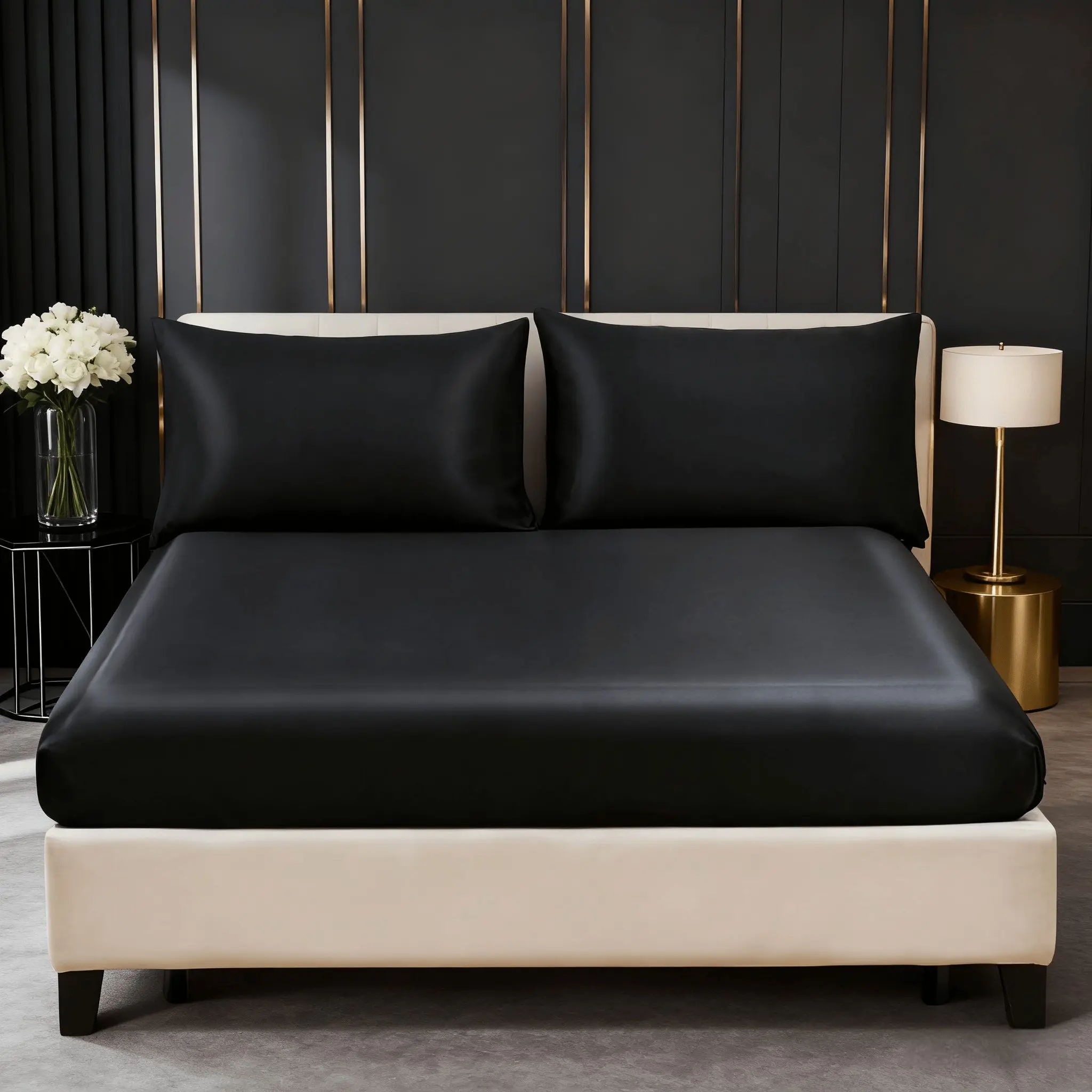 Satin Fitted Sheet 3-Piece Set, Ultra Soft & Skin-Friendly, Secure Fitted Sheets, Mattress Protector for All Seasons, Soft Bedding Sheet, Sheet Sets. Includes 1 fitted sheet and 2 pillowcases (pillows not included).