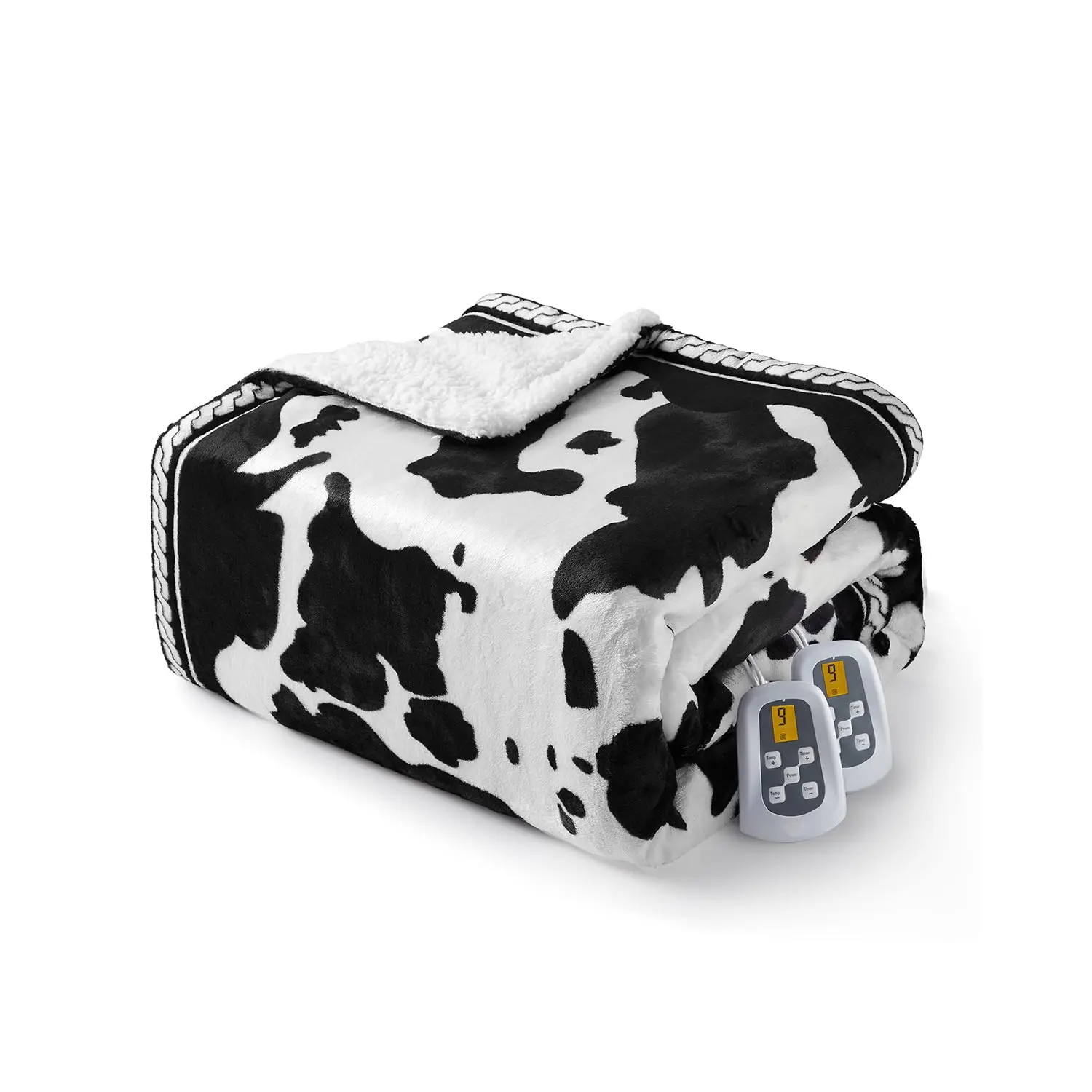 Cow Print Heated Electric Blanket for Bedroom (84in x 90in) - Plush 210gsm Sherpa Fleece, LCD Dual Controller, 10 Heat Levels, 1-12H Scheduled Shutdown, Fast Heating, Adjustable Heated Pad Blanket, Cold Wash, Safety Protections, Black and White, Cow Print