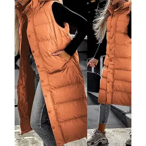 Women’s Long Puffer Vest – Quilted Hood, Button Down Winter Coat