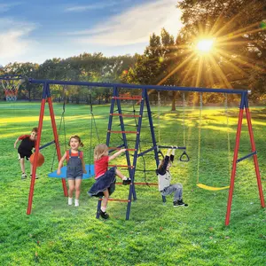 EROMMY 5 in 1 Lifetime Swing Set for Backyard, Heavy Duty Kids Playground with Square Swing, Belt Swing, Climbing Ladder, Basketball Hoop & Hanging Rings, Outdoor Playset Holds Up to 440 lbs