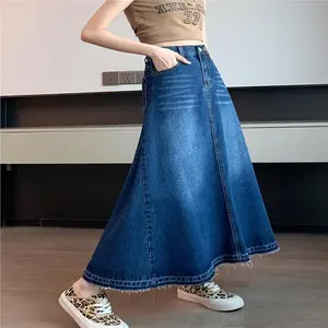 Plus Size Flared Denim Maxi Skirt - High-Waisted, Elastic, Raw Hem, Two Pockets, Elegant Smock Design - Comfortable, Casual, Summer Blue Charm Women's Clothing