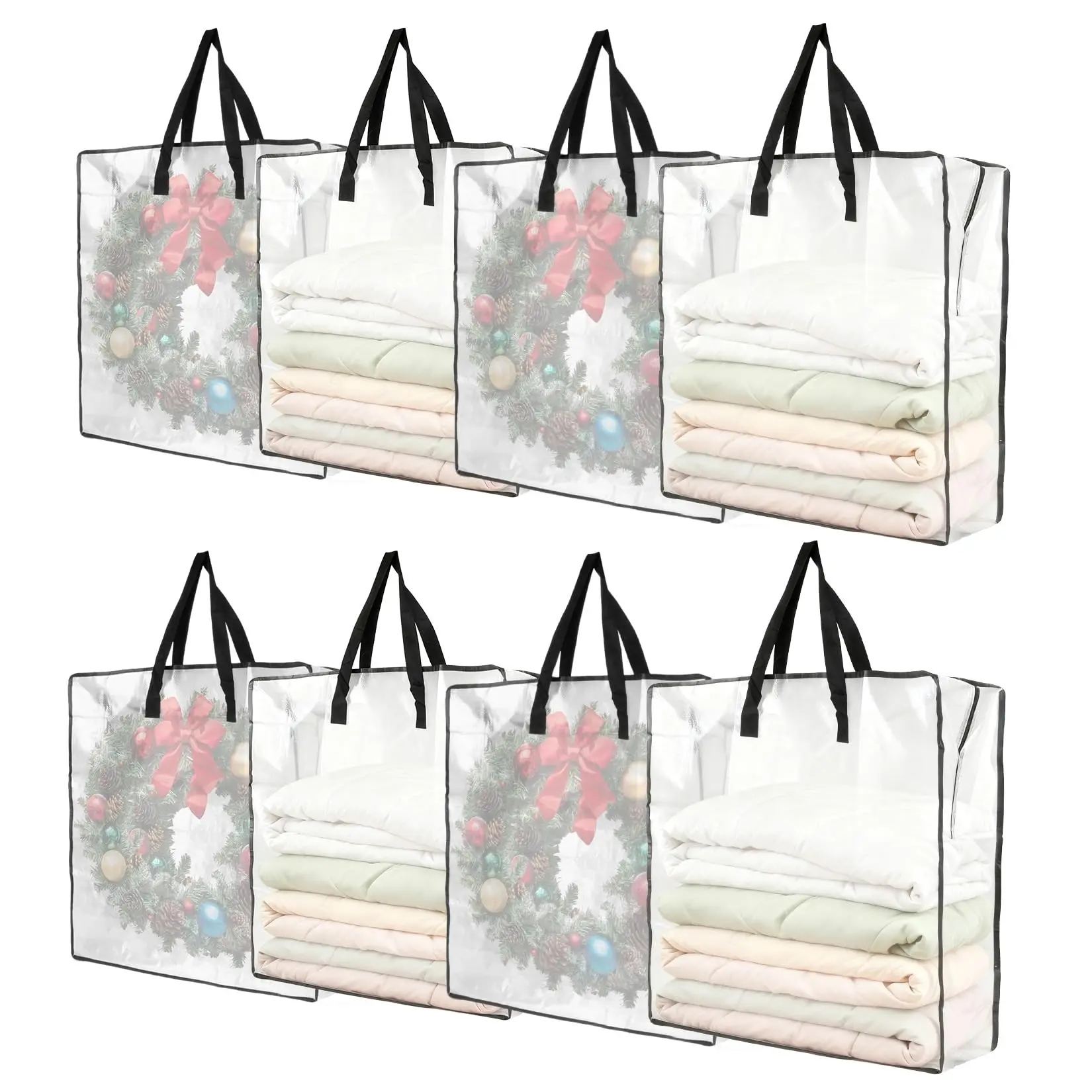 Garvee 8 Pack Clear Plastic Christmas Wreath Storage Bags with Sturdy Handles and Zipper, Ideal for Holiday Garlands, Gifts, and Christmas Decorations Storage