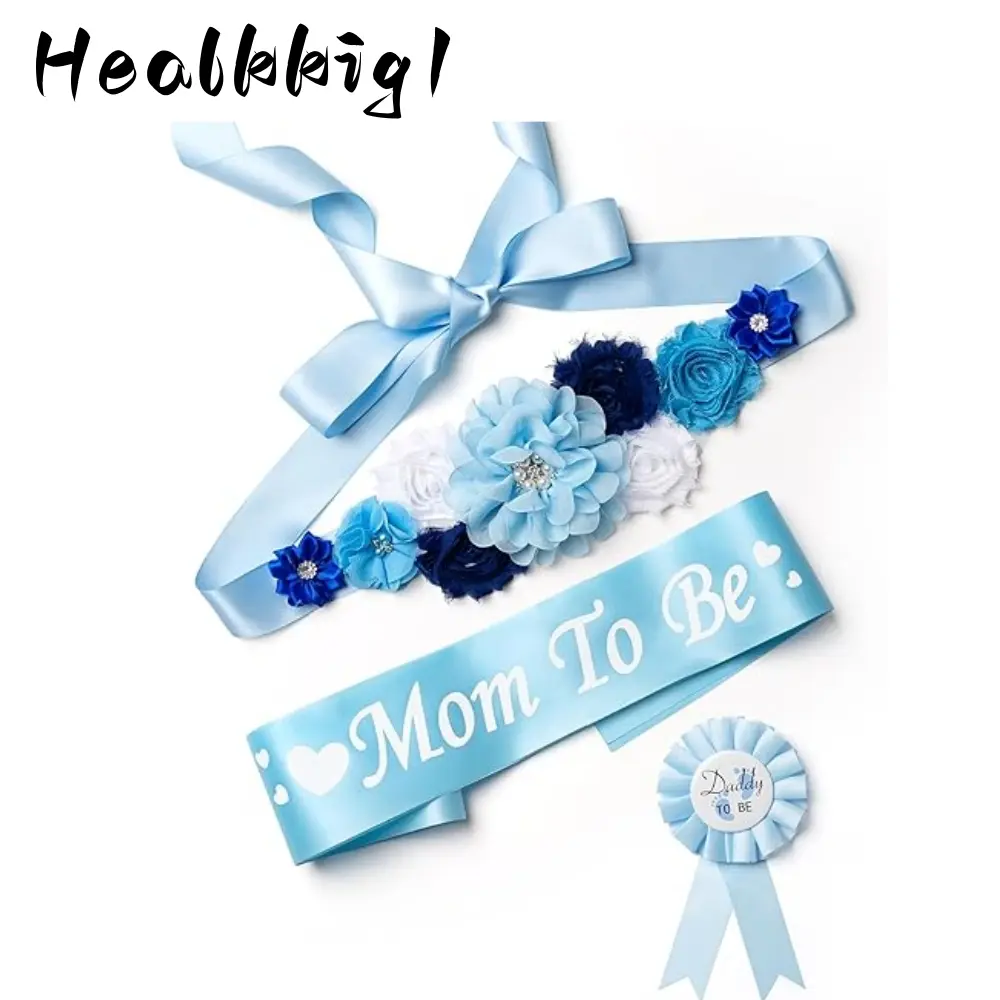 3pcs/Set Blue Maternity Sash & Mom to Be-Daddy to Be Corsage Accessory Set, Floral Pins Decorated with Pearls & Crystals, Easy to Tie Photography Keepsake Pregnancy Gifts (Collar Clips & Brooches)