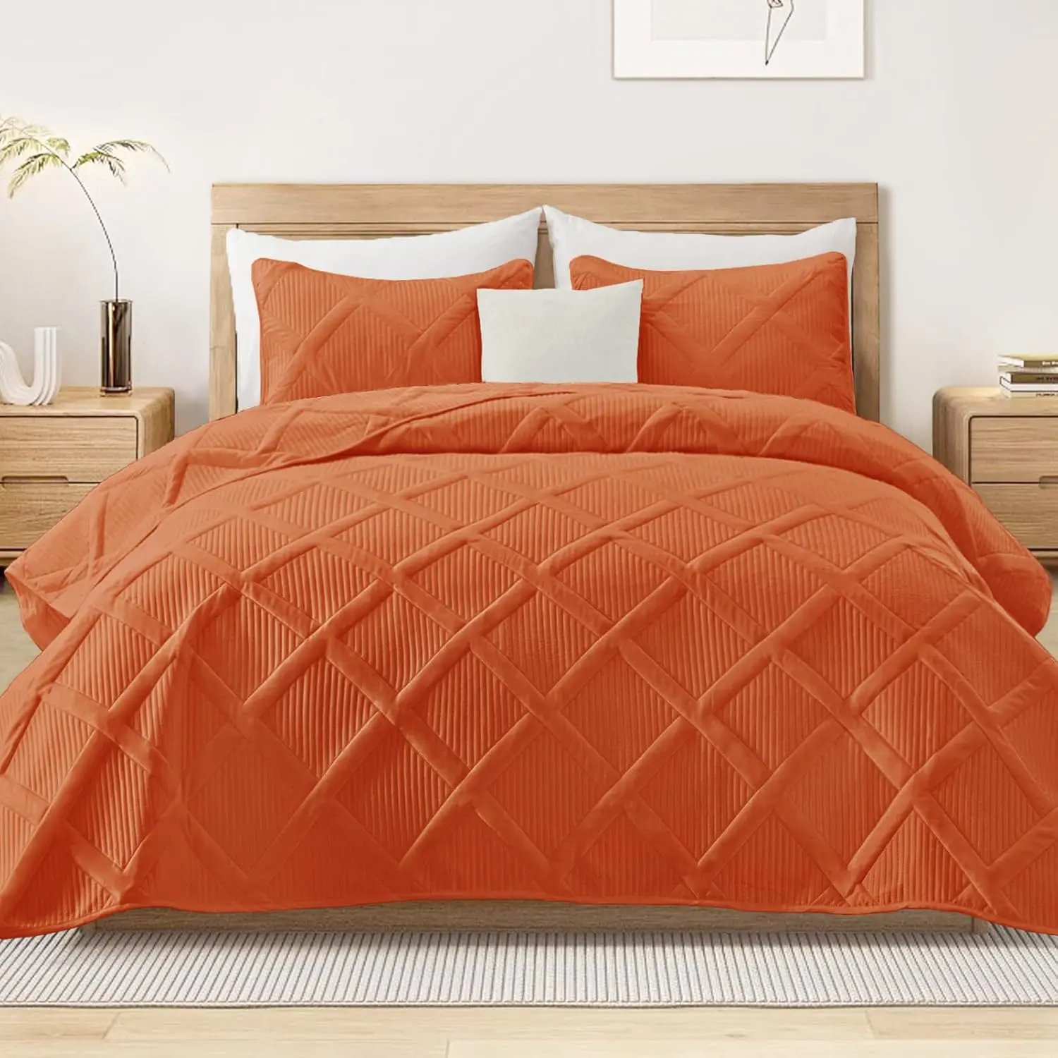 Quilts Queen Size - Burnt Orange Quilt Bedspread with 2 Pillow Shams, with Striped Pattern, Lightweight Bedspreads Queen Size for Seasons