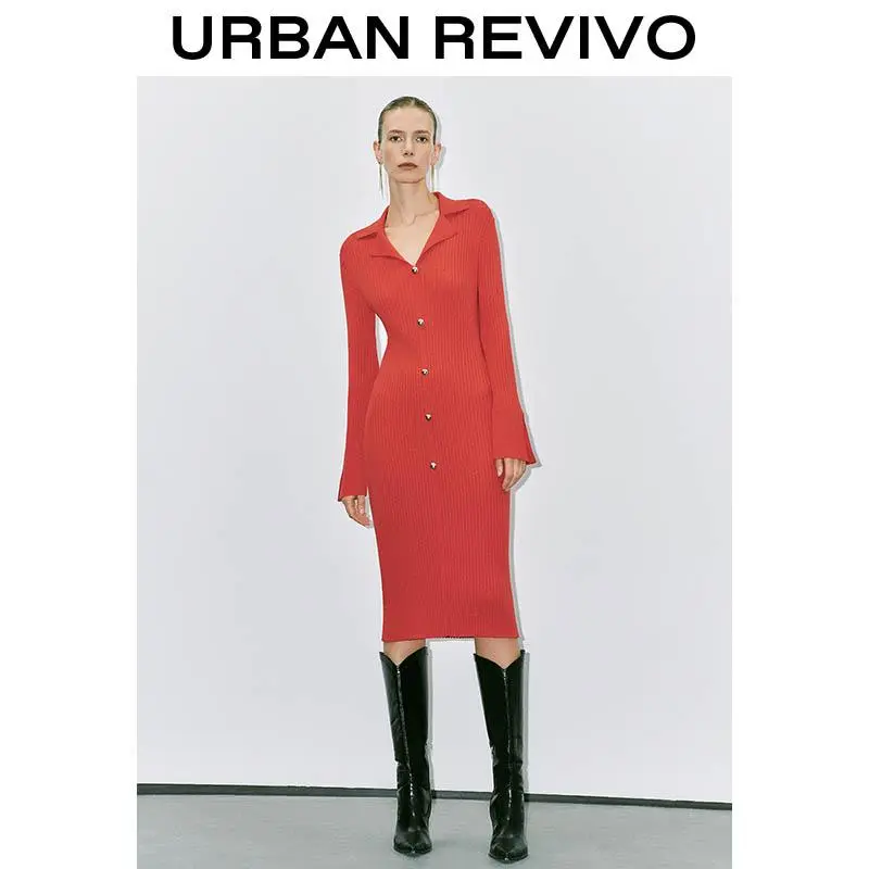 URBAN REVIVO Women's Christmas red knit dress - a must-have fashion slimming design for the holiday UWG940317