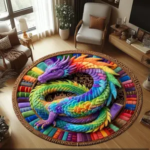 Rainbow Dragon Circling Image Stylish and creative printed round rug, hallway/balcony rug, bathroom/entrance doormat, home décor, living room/bedside rug, Halloween/Christmas/birthday gift.