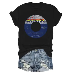 Motown Inspired Pattern T-shirt, Polyester Blend, Casual Crew-neck, Normal Length, Vintage Record design for all seasons, Soft Polyester Blend, suitable for all seasons, Casual crew-neck, Short sleeve, Soft Polyester blend, machine washable