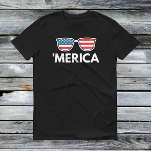 Unisex Cotton Knit Shortsleeve T-Shirt - Casual Round Neck Streetwear Top with Funny Merica Graphic, American Flag Sunglasses, Cotton Fabric for 4th of July Sports & Outdoor Activities