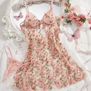 Sexy Lace See-through Open-front Chemise Tempting Strap Dress Role-play Costume Attractive Girl Costume Polyester Fiber