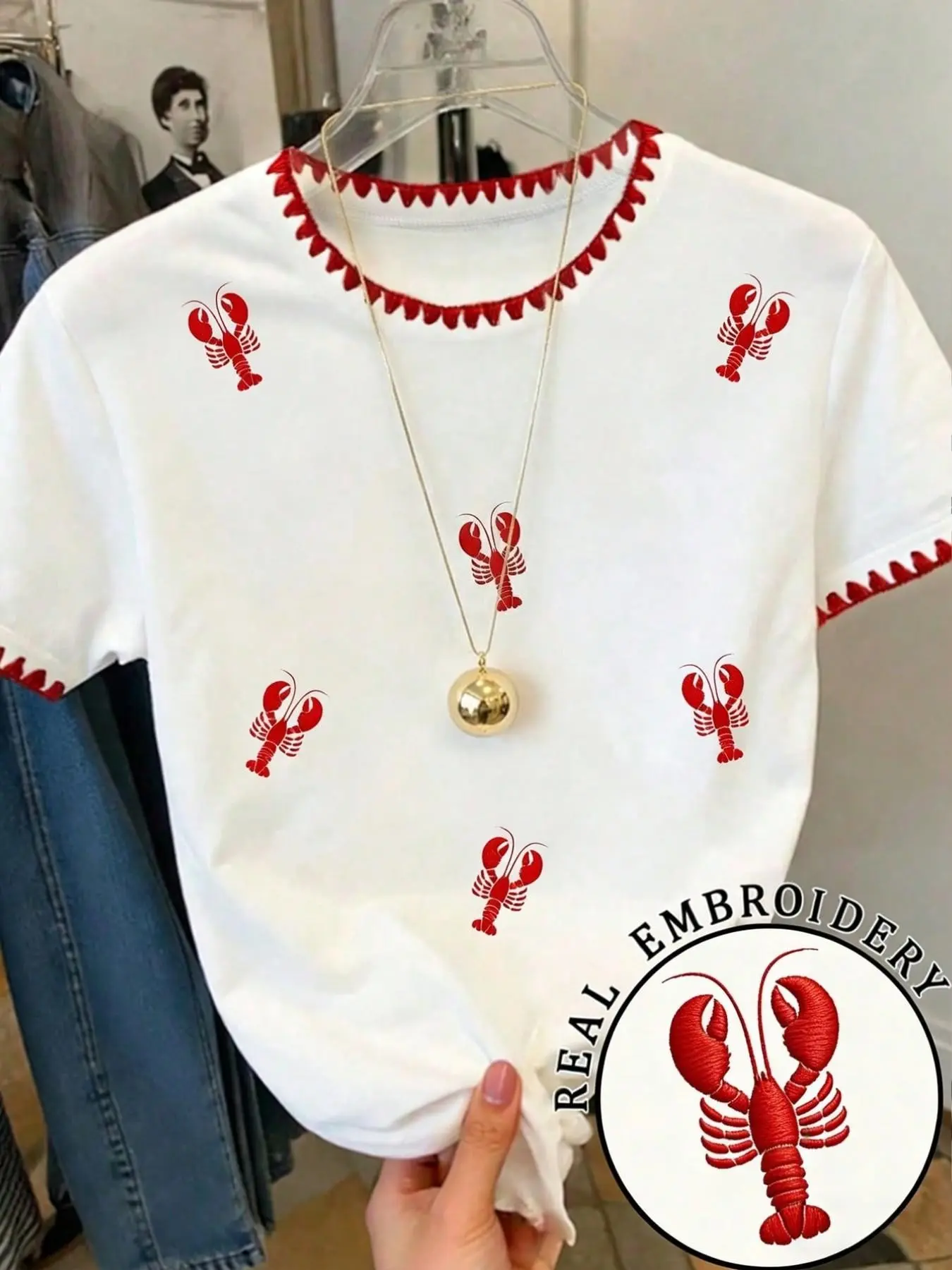 Lobster Embroidered Short Sleeve Summer Baggy T-Shirt, Handmade Triangle Hem Round Neck Top, French Vintage Chic Casual Vibe Versatile Bottom Shirt