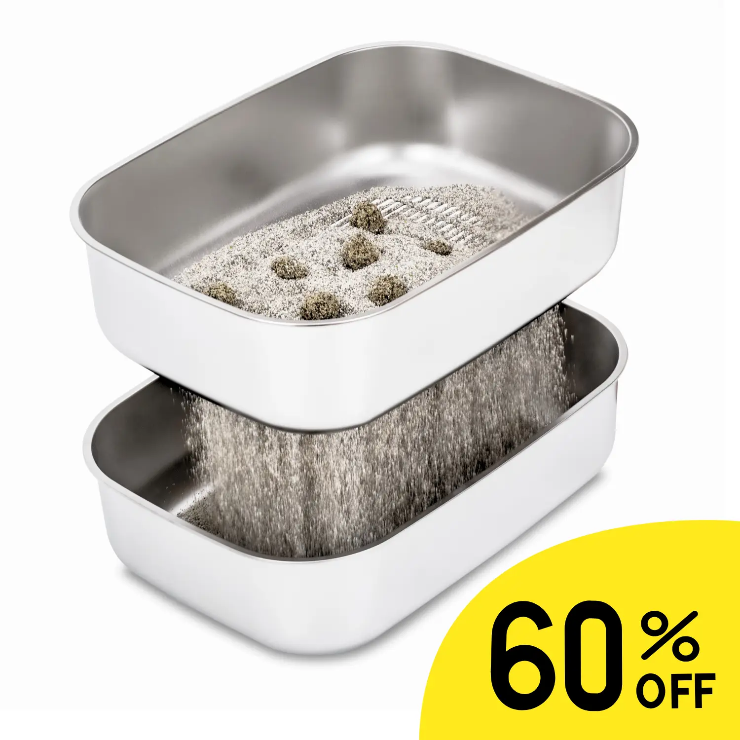 XL Sifting Litter Box for Regular Litter,Stainless Steel Sifting Box, Easy to Clean Catbox with High Sides, Includes Scoop & Transfer Bag