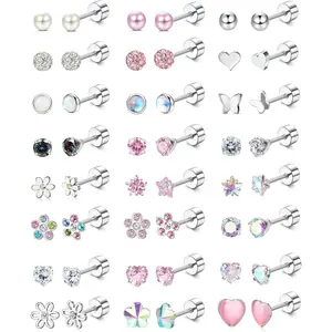 【Summervibes】CASSIECA 24Pairs Hypoallergenic Earrings Stack for Girls Women  Screw Back Earring Cute  Earrings 4mm Tiny Screwback Flat Back Stud Earring