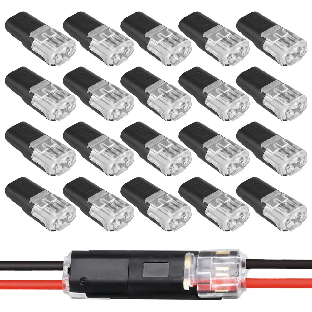 Double-Wire Plug-In Connector with Locking Buckle (20PCS for 18-22 AWG, 0.3–0.75 mm²), Flame-Retardant Quick Wire Connectors for Emergency Repairs, Home & Automotive Wiring, Led Lighting, Control Panels, Easy to Use