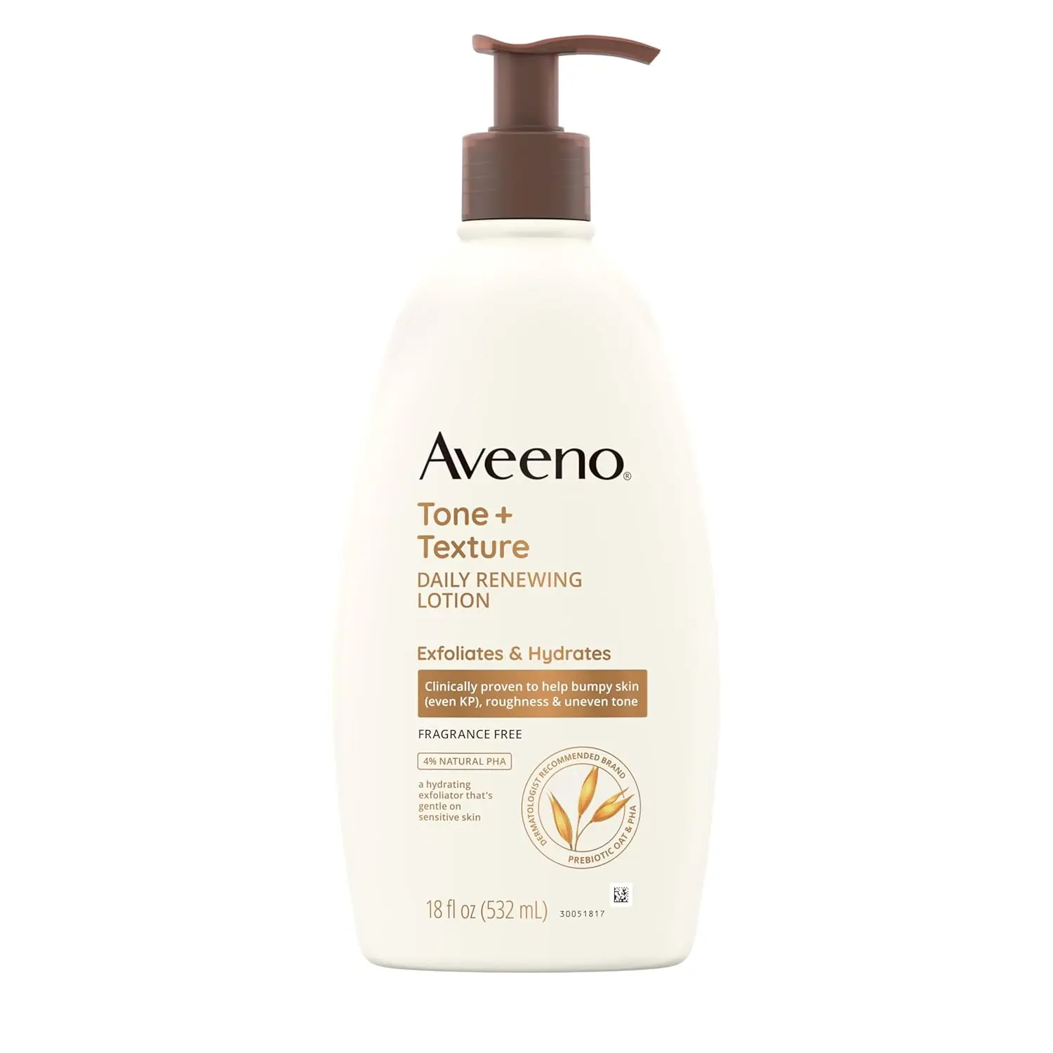 Aveeno Tone + Texture Renewing Fragrance-Free Body Lotion, 18 fl. oz - Prebiotic Oat, Hydrates & Smooths Dry, Rough, Bumpy Skin Including Keratosis Pilaris