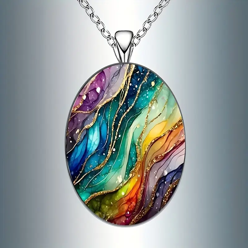 Vintage-Inspired Dreamy Ripple Oval Glass Pendant Bohemian Ethnic Necklace Classic Silvey Chain Party Birthday Wedding Engagement Anniversary Jewelry