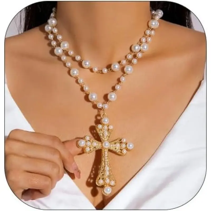 Women's Gothic Pearl Chain Cross Necklace - Chunky Statement Costume Jewelry, Pearl-Embellished Cross with Sparkling Crystals, Punk Exaggerated Accessory for Daily Wear, Pearl Chain Necklace, Cross Necklace Women