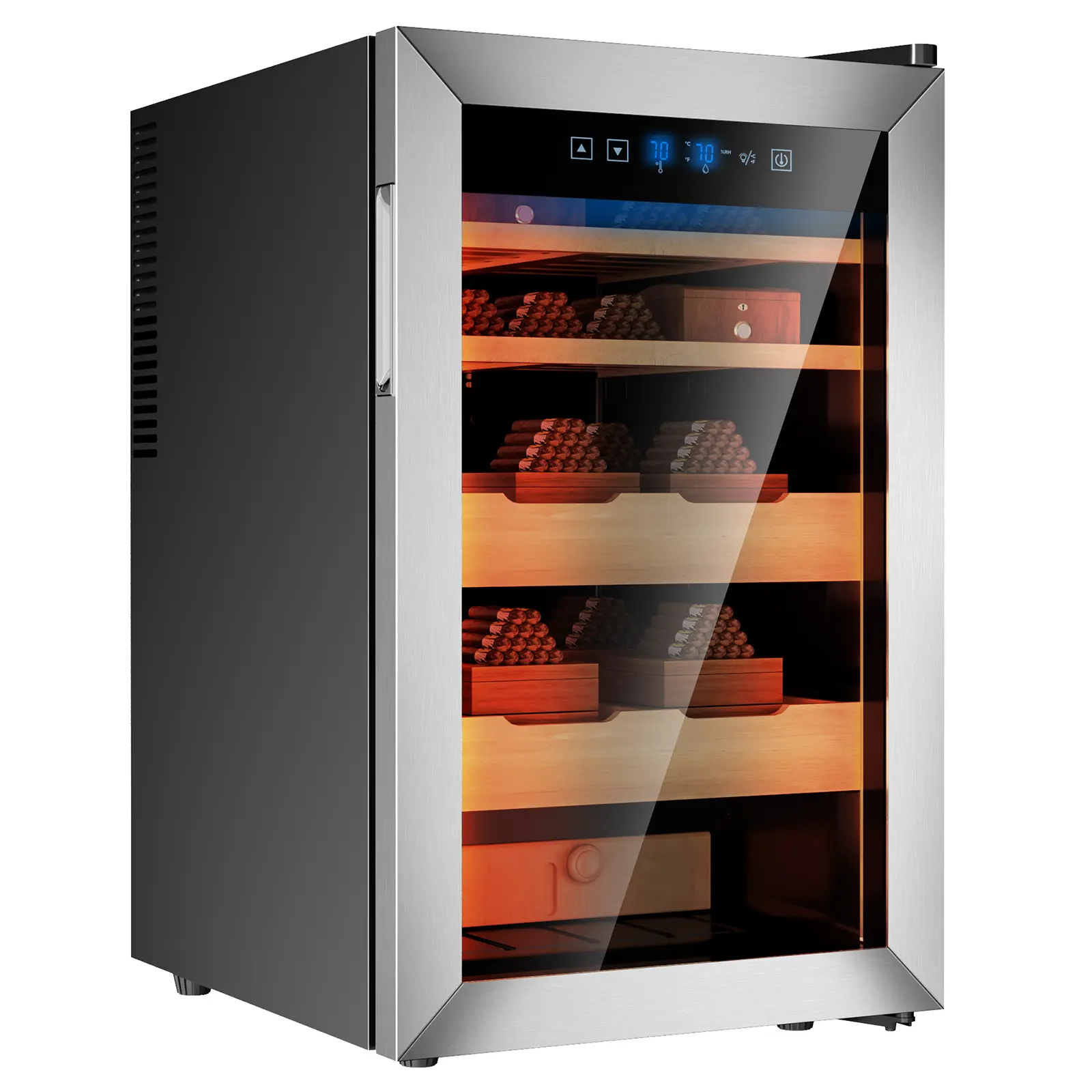 KingChii Upgrade 70L Premium Storage Cabinet with Temperature & Humidity Control, Spanish Cedar Shelves, Drawer, Hygrometer, Ambient Light, 500 Capacity & Fragrance Aroma Humidifier for Home Use