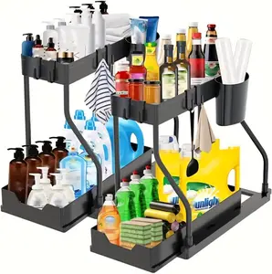 2-Tier Pull-Out Under Sink Organizer with Drawer, Expandable & Detachable Kitchen Storage Rack with Hooks, Large Capacity Sliding Cabinet Organizer for Bathroom, Pantry & Space Saving Home Storage undersink
