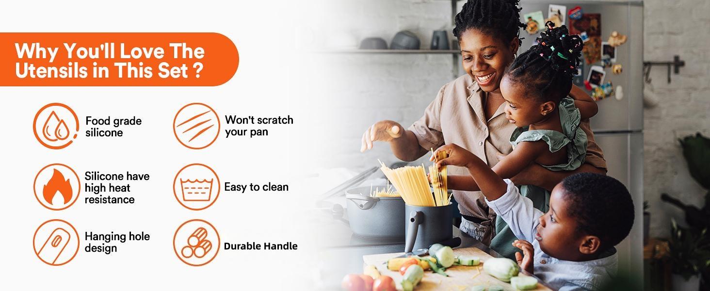 BUUYIS 18-Piece Kitchen Utensil Set — Durable, Heat-Resistant, BPA-Free Matte Silicone Cookware Tools (Non-Stick Cookware Compatible) — Includes Chef's Knife Set (Contains 11 Utensils, 5 Sharp Knives, 1 Pair of Scissors, and 1 Rotating Storage Caddy)