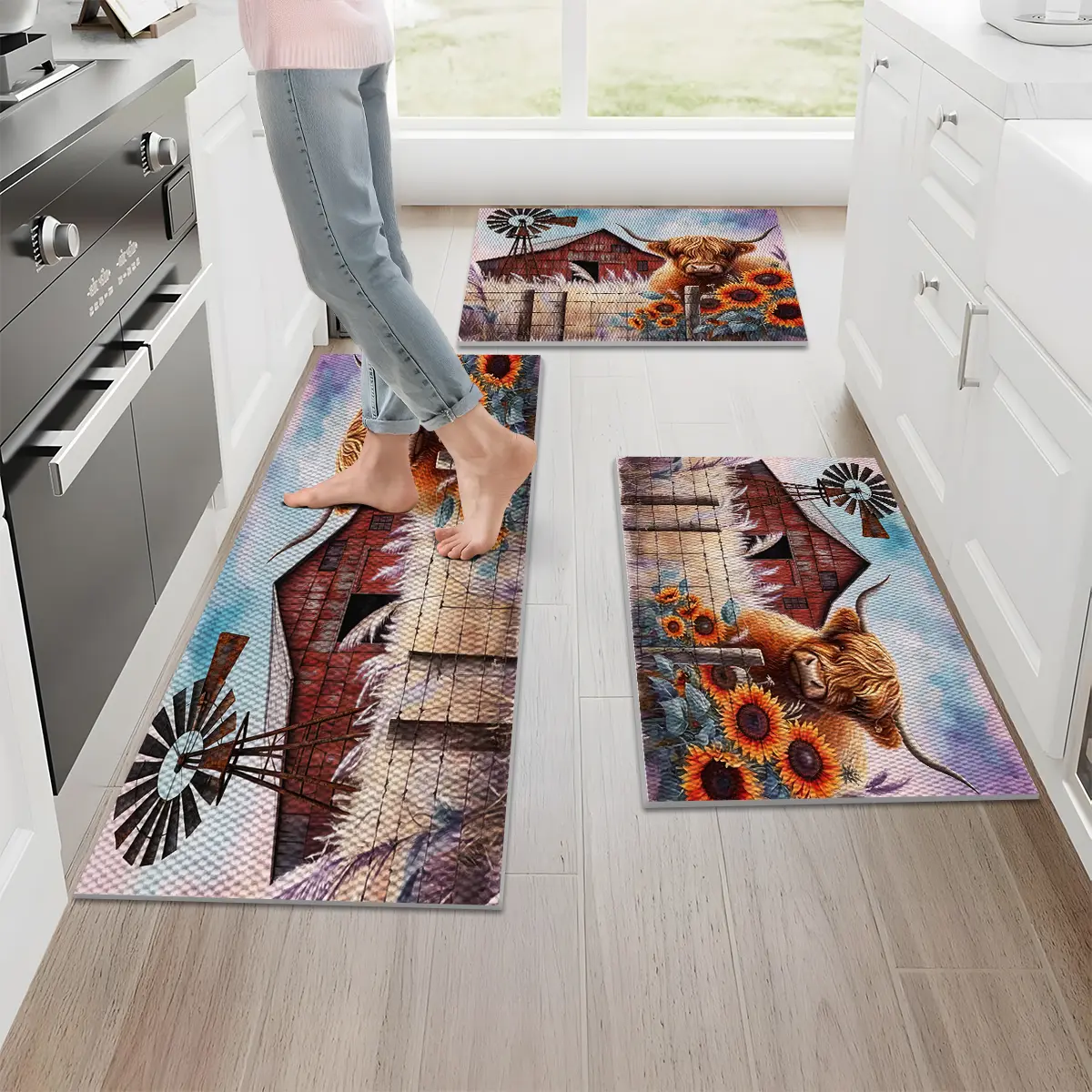 1/2/3PCS Highland Cow Sunflower Farmhouse Washable Kitchen Rugs - Non-Slip 7mm 3D Color 3D Stereo Pineapple Texture Stain-Resistant Floor Mats, Doormat & Runner Rugs in 16x24 in, 20x32 in, 20x47 in