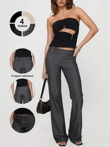 Women's Low Waist Casual Work Business Pants, Fitted, Button Fly Closure, Elastic Waist, Colorblock Striped, All Seasons, Office Christmas Party