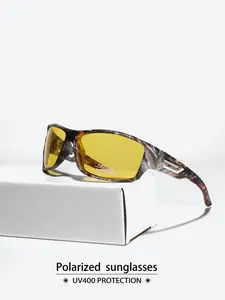 Unisex Camo Frame Rectangular Polarized Sunglasses, Trendy Casual Sunglasses for Everyday Use, Fashion Accessories for Outdoor Activities, Trendy Sporty Sunglasses
