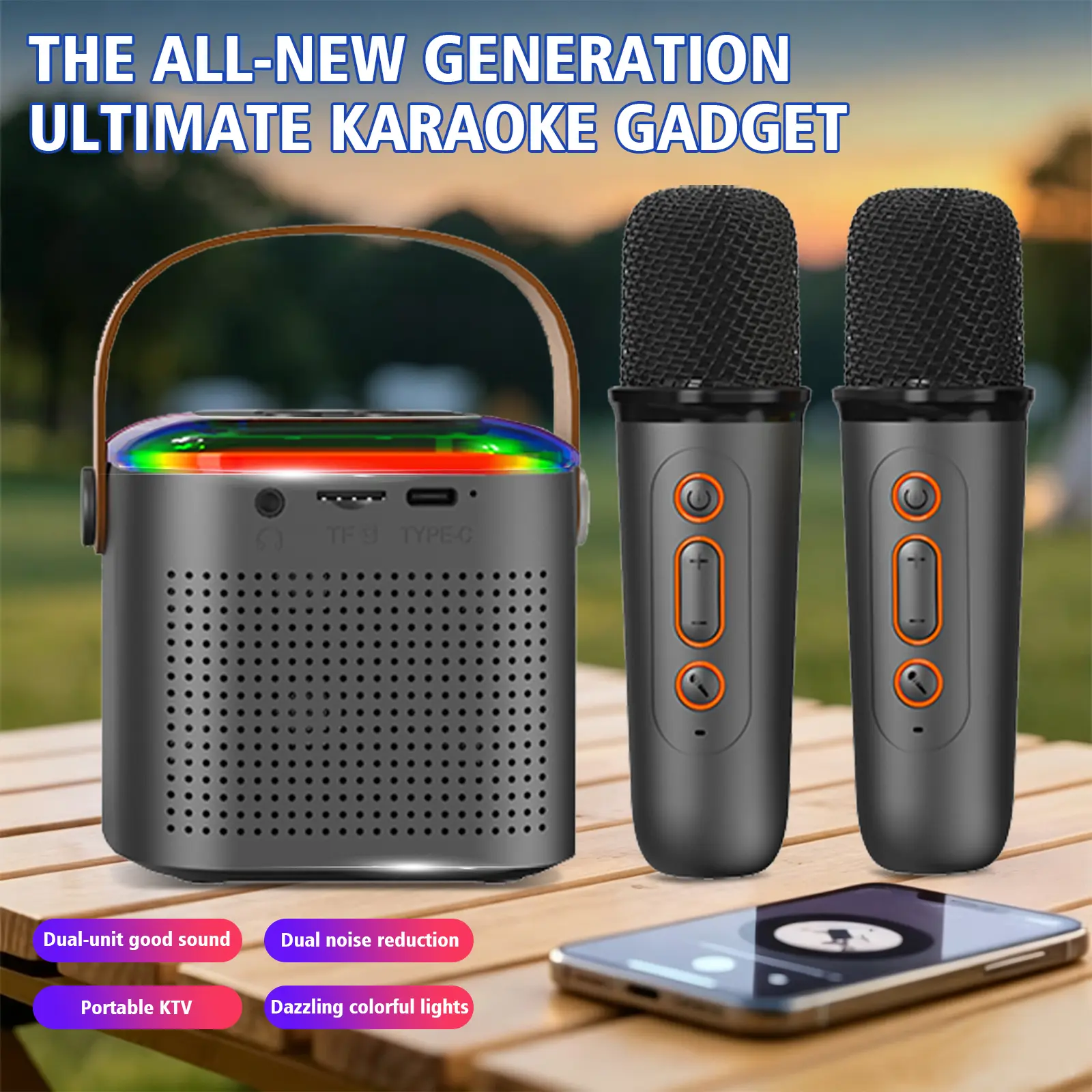 Mini Portable Bluetooth Karaoke Speaker with Dual Wireless Microphones, RGB Color Lights, Dual Noise Reduction, Type-C Charging, Handheld KTV Audio Machine for Home Camping Party