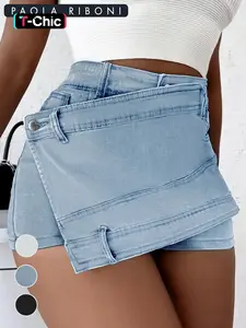 Women's Plain Woven Denim Shorts, Asymmetrical Hem Button Pocket Wrap Twist Jeans Skort, Casual High Waist Jeans Shorts for Summer, Summer Clothes Bottoms, Womenswear