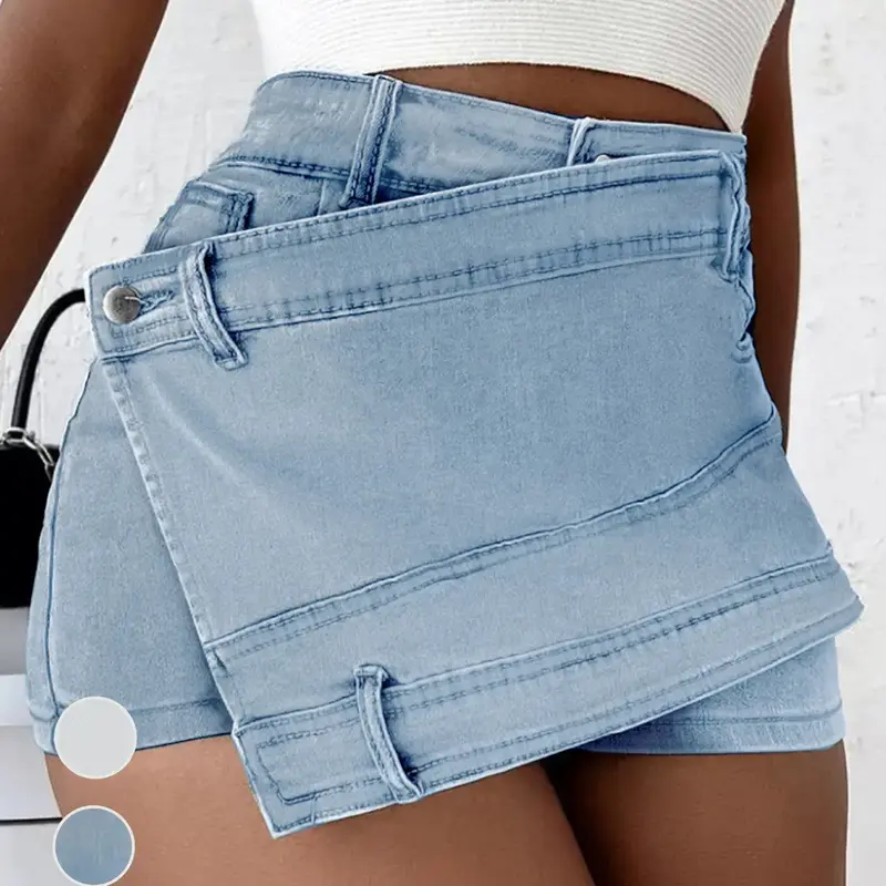 Women's Plain Woven Denim Shorts, Asymmetrical Hem Button Pocket Wrap Twist Jeans Skort, Basic Casual High Waist Essential Jeans Shorts for Summer, Summer Clothes Bottoms, Womenswear Piece, High Waisted Skort