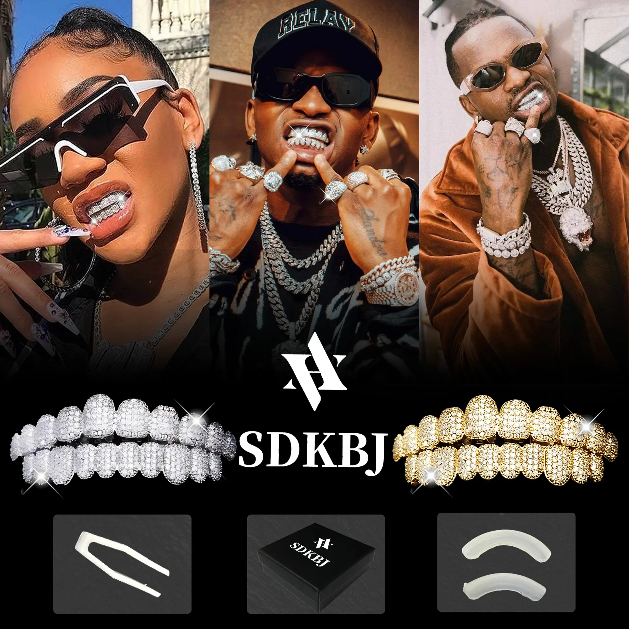 SDKBJ Unisex Hip Hop Grillz, Iced Out Cubic Zirconia Teeth Caps, Non-Custom Fit Silicone Dental Jewelry for Party, Nightclub & Cosplay, Hypoallergenic, Do Not Use Fixing Bar Above 180°F (82°C)