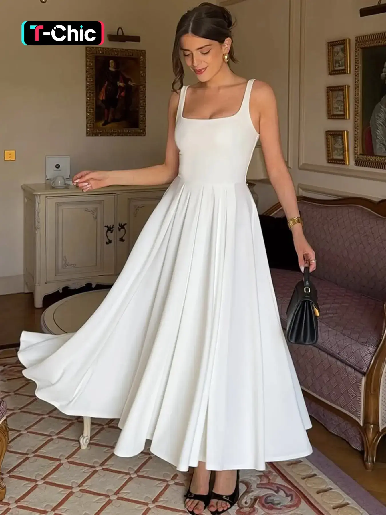 Women's Solid U Neck Sleeveless Pleated Slip Dress, Formal Elegant Fashion, Elegant Formal, Plain Ruched Slim-fitting A-line Long Dress, Sexy Backless Party Evening Gown, Daily Casual Dresses For Ladies Summer All Seasons