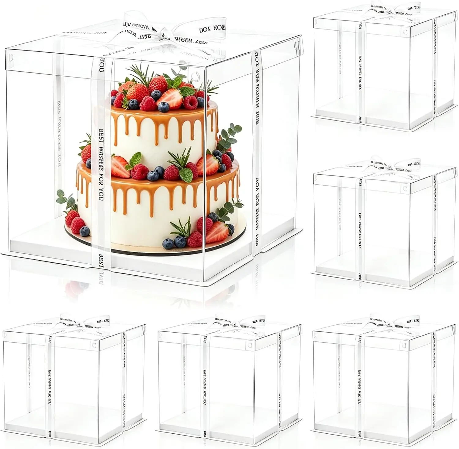 6 Pcs Clear Cake Box with Ribbon, 2-Layer 10x10x10 Inch Transparent Cake Carrier with Lids, PET Tall Cake Packaging Boxes, Clear Gift Boxes for Mother's Day Birthday Wedding Festival Party