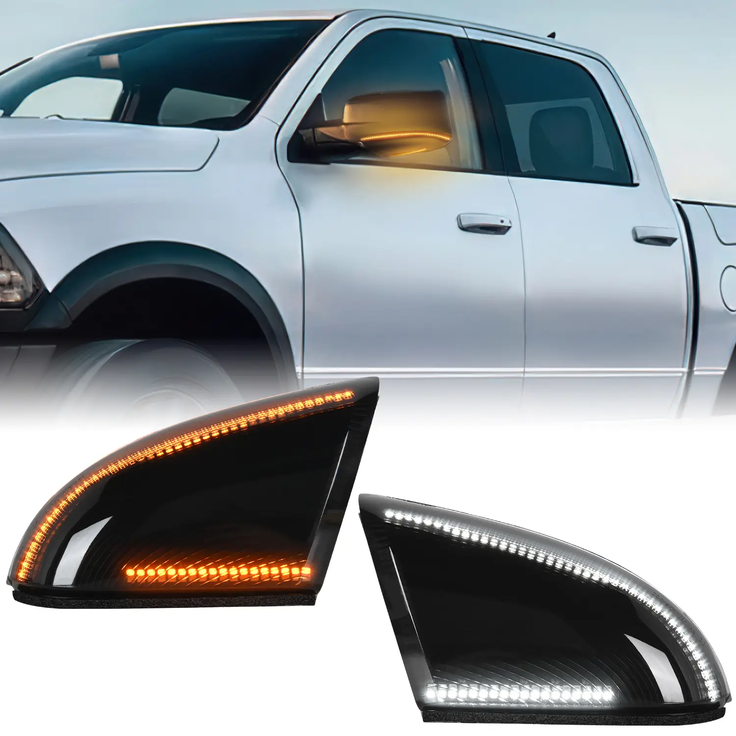 Nilight LED Car Side Mirror Marker Lights - Quick Fit Plug-and-Play Electronic Accessories with Circuit Board, Switchback Amber Turn Signals, White Puddle Lights, Smoked Lens - For Ram Trucks 2009-2018 1500/2500/3500, 2009-2022 Classic